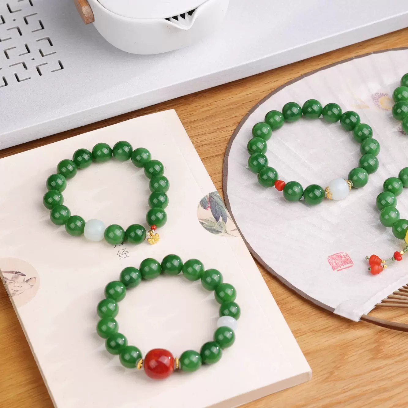 无念俄料老坑料碧玉单圈手串阳绿天然和田玉附鉴定证书