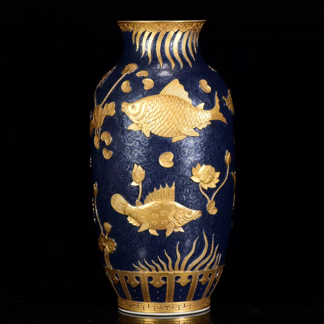 清乾隆霁蓝釉轧道鎏金雕刻鱼藻纹瓶1115 古玩古董精品瓷器收藏-Taobao