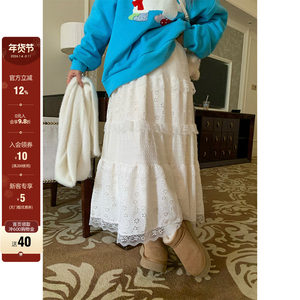 CCKOK Lace Plush Cake Mid-Long Skirt 2025 Spring A-line Irregular Niche Skirt Women
