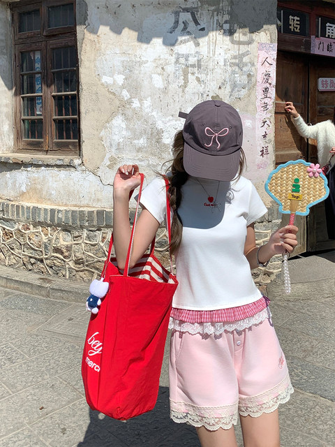 CCKOK simple small logo skirt plaid lace front shoulder T-shirt 2025 summer new slim short-sleeved women
