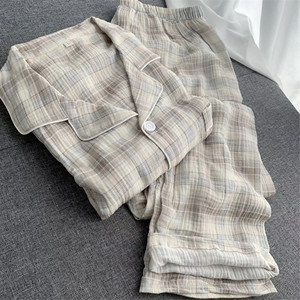 
Pure cotton double-layer gauze long-sleeved trousers men's plaid large size spring, summer and autumn