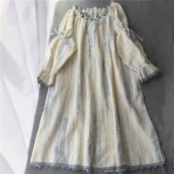 Xiaoxiangfeng Long sleeved Sleeping Dress Home Furnishing Dress Round Neck Long sleeved Stripes Can be Outworn Long Skirt Pullover Lace