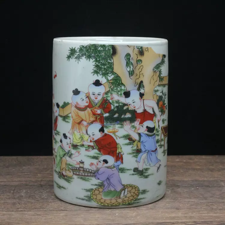 ▽鴻▽ 清 康熙年製款 青花 人物故事紋 筆筒 古陶瓷品