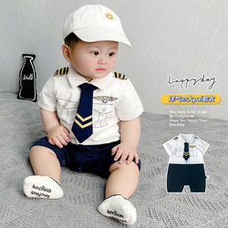 Pure Cotton Captain Uniform Polo Shirt, Super Cute and Handsome, Fashionable Summer Romper for Baby Boys, Stylish Short Jumpsuit