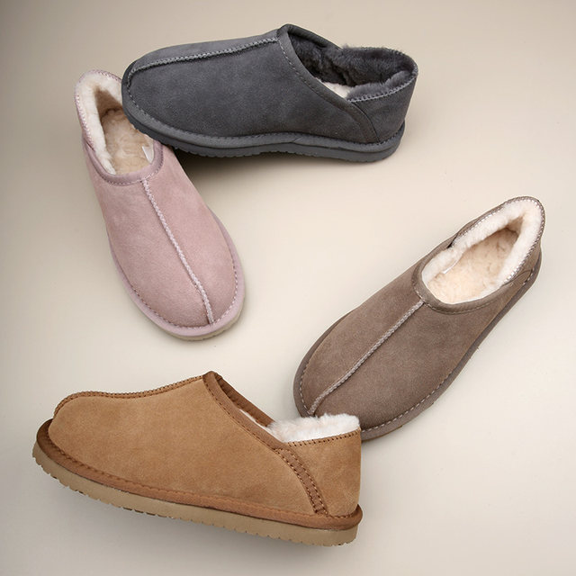 Wool bag heel slippers for men and women in winter home shallow mouth simple fur integrated thickened warm real wool cotton slippers