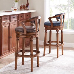 American-Style Bar Stool with Genuine Leather and Solid Wood for Home Use, Front Desk High Stool, Study Room Swivel Bar Stool, High Stool, Coffee Shop Bar Chair