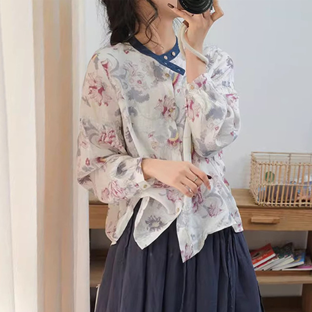 Ancient and colored retro stand collar loose large size cardigan shirt single-breasted long sleeve floral linen shirt women's spring