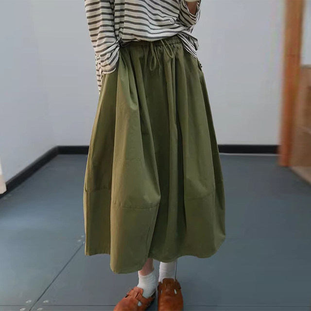 Ancient and color Korean style literary splicing loose large sling mid-length skirt casual and versatile high-waist lace-up cotton skirt spring