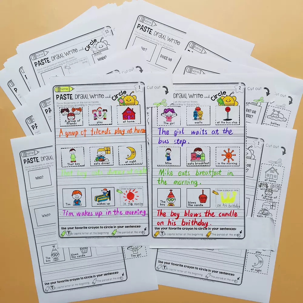 疑问词故事排序涂色剪贴阅读理解练习题美国儿童英语写作技巧