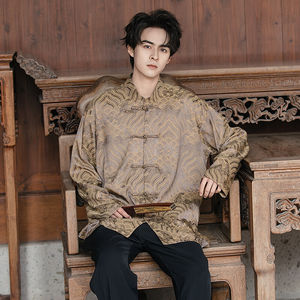 
New Chinese style long-sleeved shirt for men, retro buttoned ice silk satin drape, Chinese tunic suit, Tang suit, Chinese style jacket