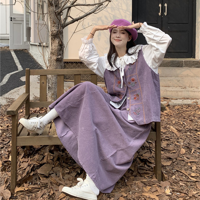 Plus size fat girl mm autumn Korean style Japanese corduroy embroidered vest jacket women's loose doll collar shirt