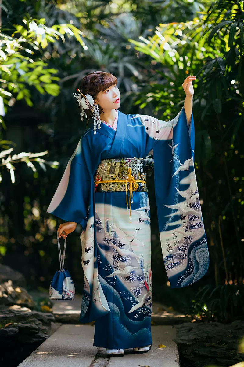 日本传统女士和服振袖着物改良版百合花定位大振抗皱化纤复古服装-Taobao