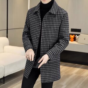 
Light luxury woolen coat, men's high-end lapel woolen windbreaker, autumn and winter high-end plaid mid-length woolen coat