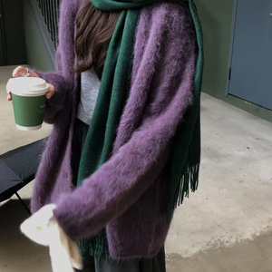 SHINE Not machine washable Retro style purple sweater Suli alpaca two-color long hair cardigan jacket