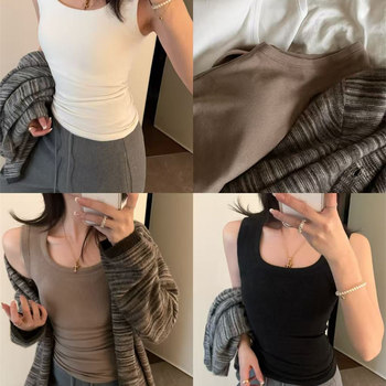 SHINE three-color stay! Vertical striped expanded German velvet square collar with built-in chest pad, warm plus velvet three-color camisole