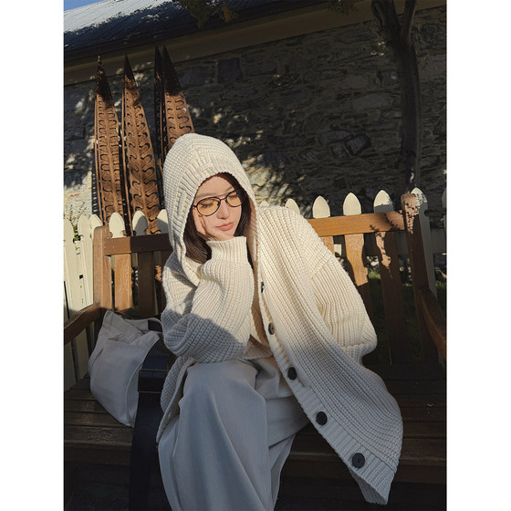
MOERSHOP Laxrenbenming warm thick needle hooded knitted casual sweater style sweater cardigan jacket for women