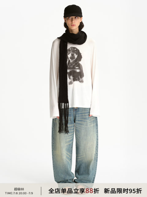 SMIIILE Lycel Tiansi White Micro-Transparent Long Sleeve T-Shirt Dachshund Print Casual Ragnant Sleeve Loose Top
