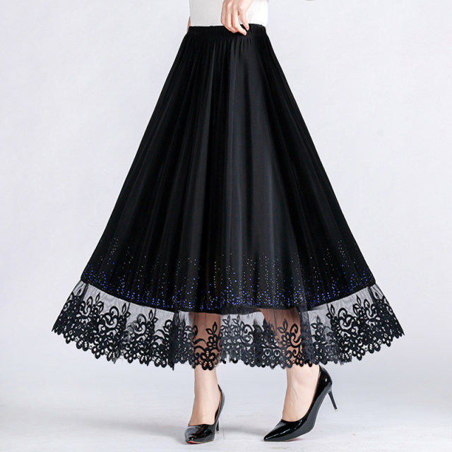 Embroidered lace spliced ​​half-length long skirt for women 2024 summer new middle-aged high-waist umbrella skirt drooping A-line large hem skirt