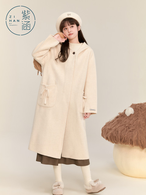 Zihan wool mid-length hooded coat for women in winter new double-sided warm casual warm loose jacket
