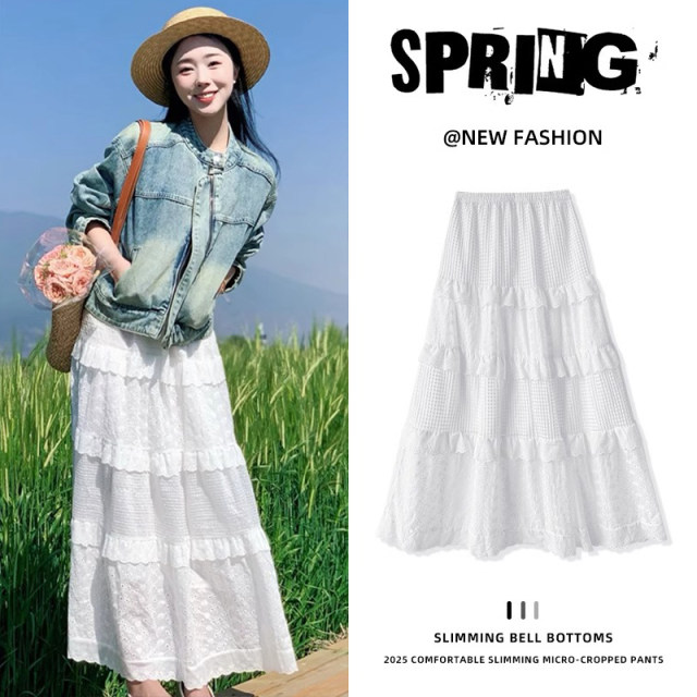 White cake skirt for women in spring and autumn summer 2025 new high waist mid-length A-line skirt lace fluffy skirt