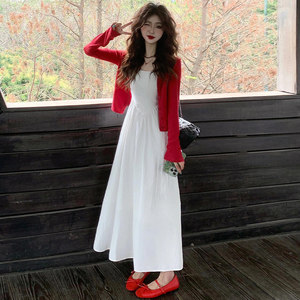 French white suspender dress for women summer 2025 new style high-end gentle long skirt waist A-line tutu skirt