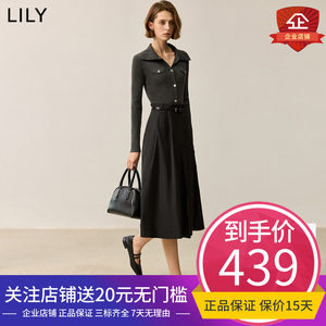
LILY2024 new autumn style lapel knitted splicing slim black pleated temperament lady dress A-line long skirt