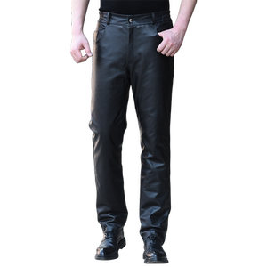Cold leather pants men's header cowhide plus velvet thickened locomotive middle -aged and elderly casual straight windproof windpants