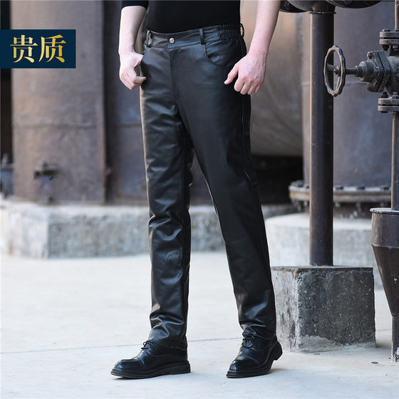 Haining leather pants men's head layer cowhide plus thick loose and loose middle -aged and elderly windproof motorcycle motorcycle riding pants