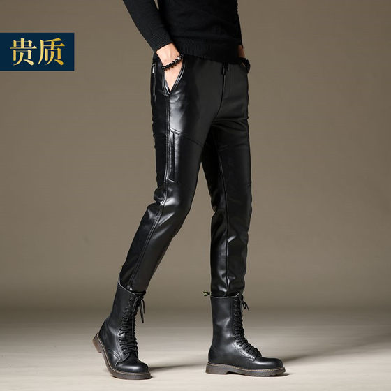 Leather pants men with velvet thick waterproof windproof motorcycle leather pants men's motor car leather pants men's slim tight Korean edition tide