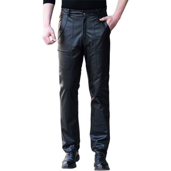 Termine leather pants head layer cowhide plus velvet thickened motorcycle middle -aged and elderly loose straight leather pants waterproof