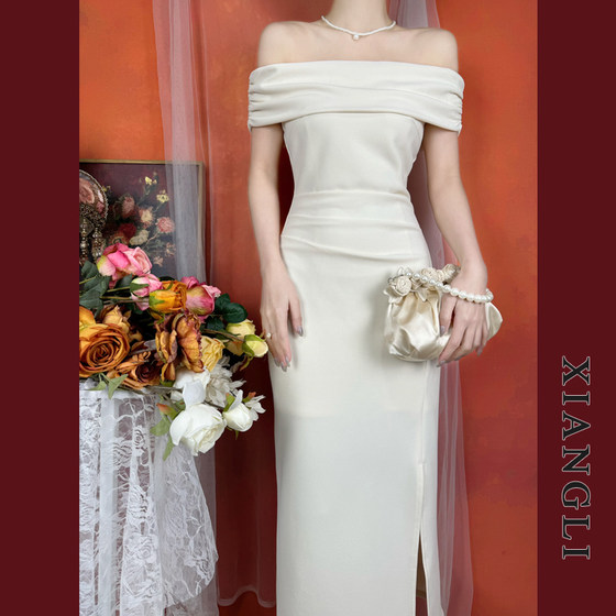 Alley French retro dress summer one-shoulder Hepburn slim temperament engagement registration slit small dress long skirt