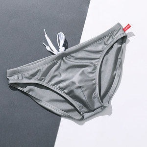 Men's swimsuit solid color glossy triangle swimming pants with low waist, sexy quick drying, tight fitting, large size lace up, professional elasticity