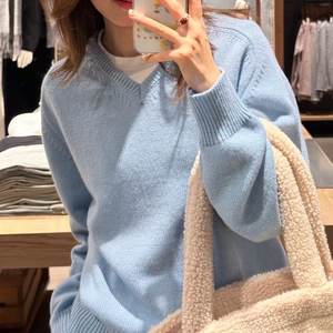 
Milk blue! Soft waxy V-neck pullover sweater for women 2026 spring new Korean style loose bottoming sweater top