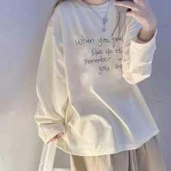 Long-Sleeved White T-Shirt for Women 2025 Autum New Style Student Korean Style Loose Cartoon Round Neck Inner Layering Shirt Ins Trend