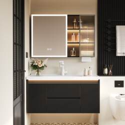 Black Skin-Like Texture Honeycomb Aluminum Bathroom Cabinet with Integrated Ceramic Washbasin and Sink Cabinet Set