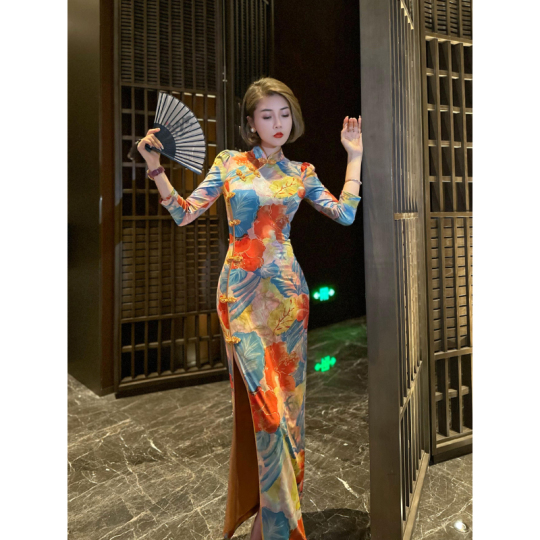 Xulu Ice Silk Cheongsam Dress - Retro Floral Print, Slim Fit