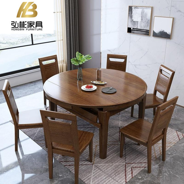 Nordic walnut round dining table and chair combination solid wood new ...