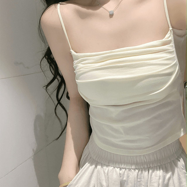 Pure pleated suspender vest for women in summer with chest pads to make them look slim and inner bottomed out with slim and beautiful back short top