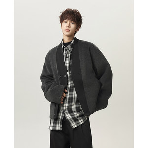 
American cleanfit minimalist V-neck jacket spliced double-breasted short sheep fleece coat for men in autumn