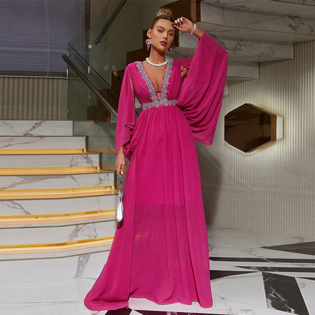 KY045 cross border Amazon European and American v neck slim long dress retro chiffon dress