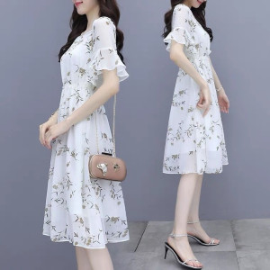 
Floral chiffon dress for women 2026 new summer small waist-covering belly slimming temperament fairy a-line skirt