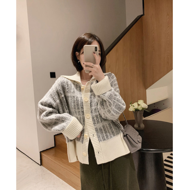 misslady French retro wool ingredients thickened lapel sweater geometric plaid long-sleeved cardigan jacket
