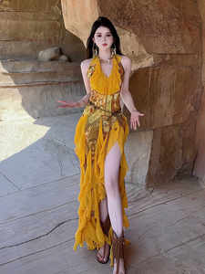 
This year's popular summer seaside resort style niche dress halterneck ruffle printed slim slit long skirt for women