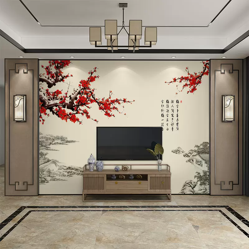 8d新中式古典梅蘭花鳥客廳電視背景牆壁紙簡約牆布臥室