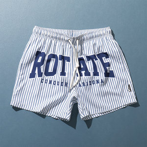 Trendy striped beach pants men's fashion letter print can be put into water quick-drying shorts belt lined anti-exposure swim pants