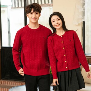 
Couple wear 2026 new spring and autumn red knitted cardigan for women retro twist embroidered sweater jacket for men and women