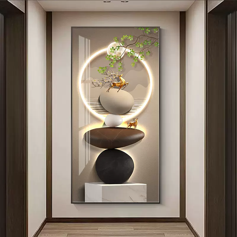 侘寂风玄关装饰画西墙竖版壁画现代简约风格晶瓷挂画铝合金外框