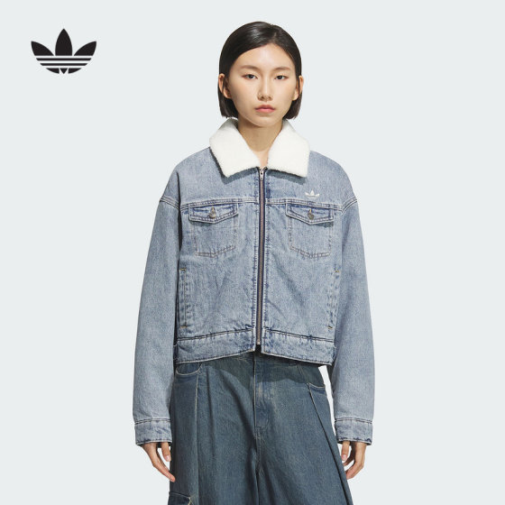 
adidas Adidas clover denim short cotton jacket 2025 winter women's fur collar jacket KC2626