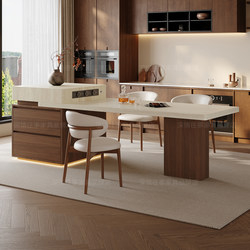 French-Style Mid-Century Travertine Stone Multifunctional Retractable Island Table with Induction Cooker for Home Dining Room Island