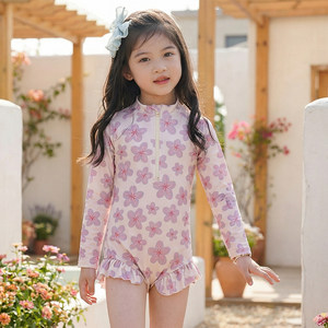 
New children's quick-drying swimsuit baby girl one-piece long-sleeved sun protection swimsuit girl floral small and medium-sized children's swimsuit
